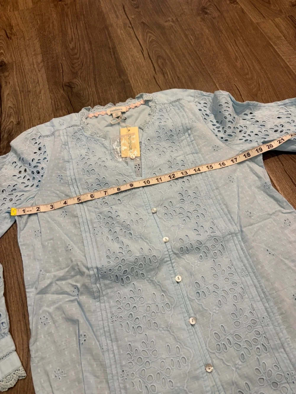 Sundance Valeria Eyelet Floral Aqua Button Up Shirt PS Boho Prairie Cottagecore - Picture 9 of 10